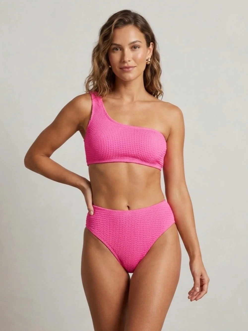 Textured One-Shoulder High-Waisted Bikini Set